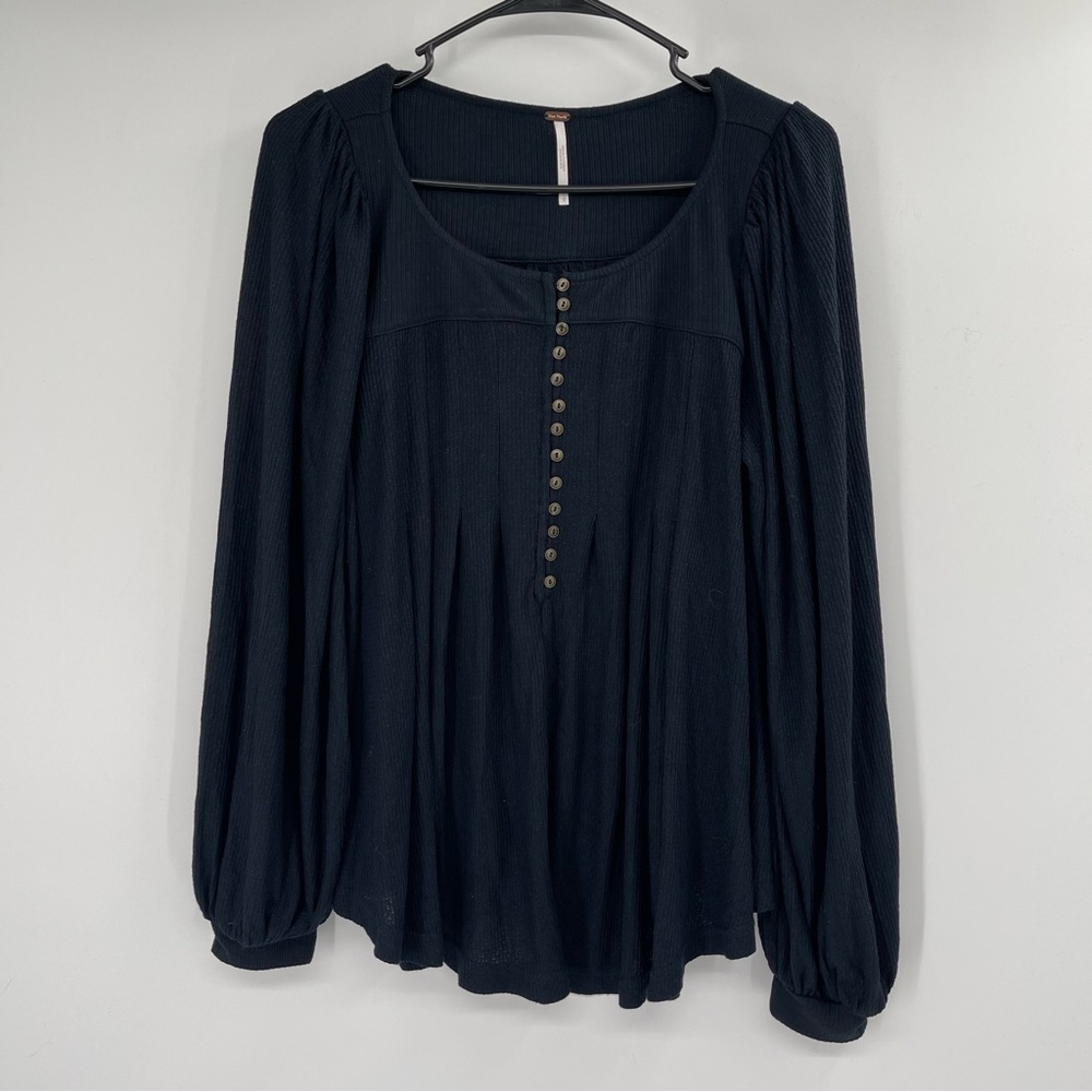 Free People Devin Black Balloon Sleeve Henley Oversized Textured Knit Top - Picture 4 of 13